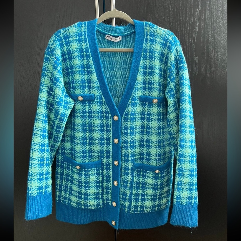 Zara Blue and Aqua Plaid Knit Cardigan